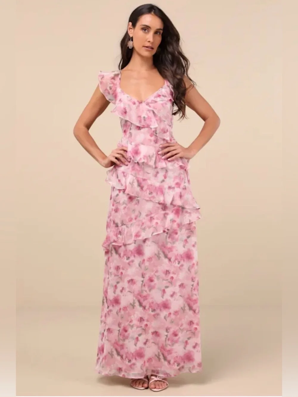 NWT Lulu's Pink Floral Ruffle-Tier Open Back with Tie Maxi Dress XL - Picture 2 of 9